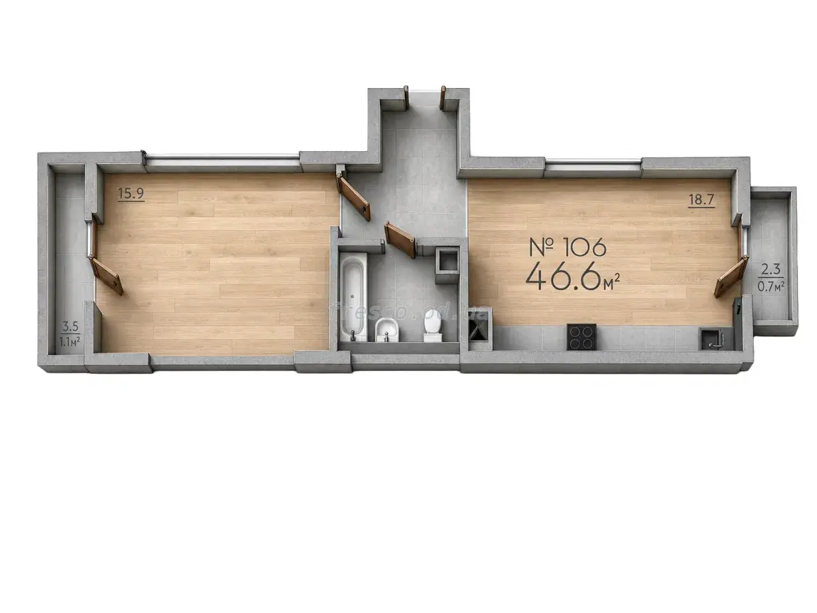 One-bedroom · 47.0 m² · Rue Menars