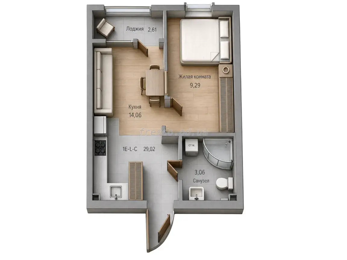 1-room apartment · 29.02 m² · Keks