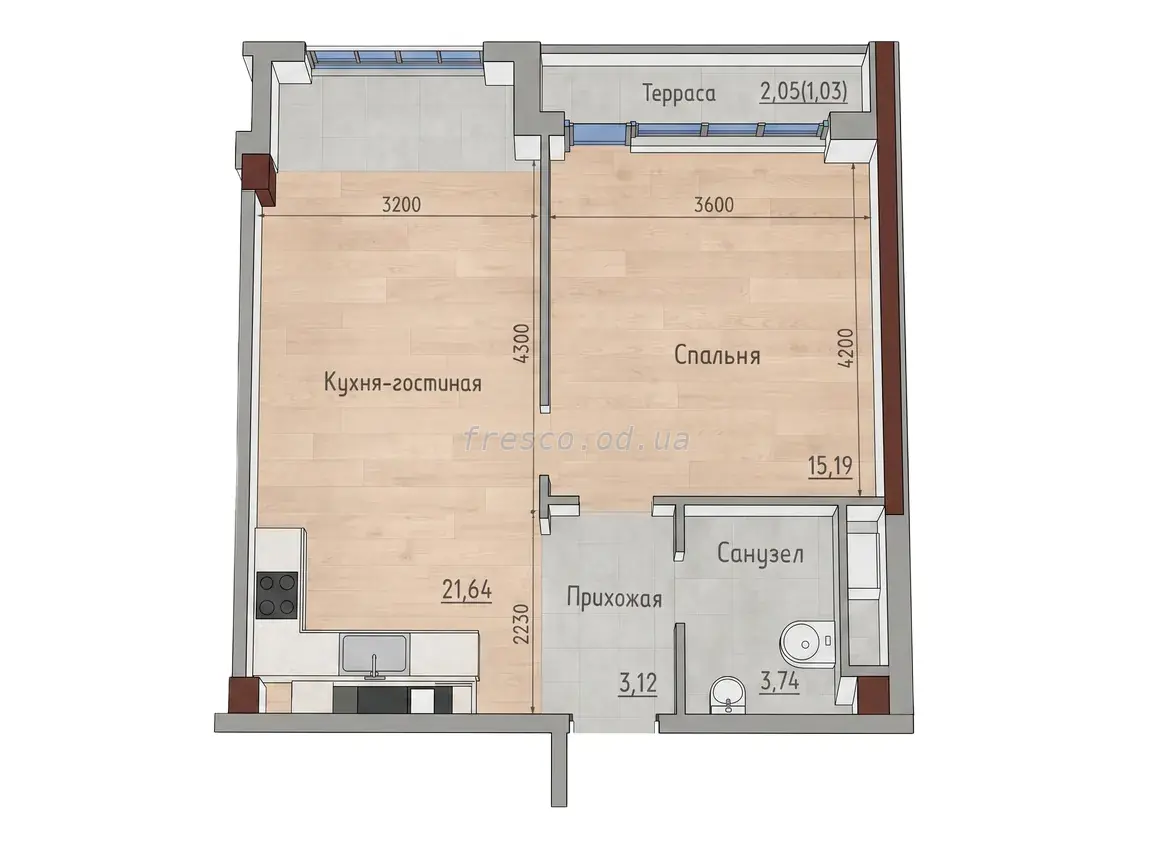 Однокімнатні апартаменти · 45.0 м² · ITown