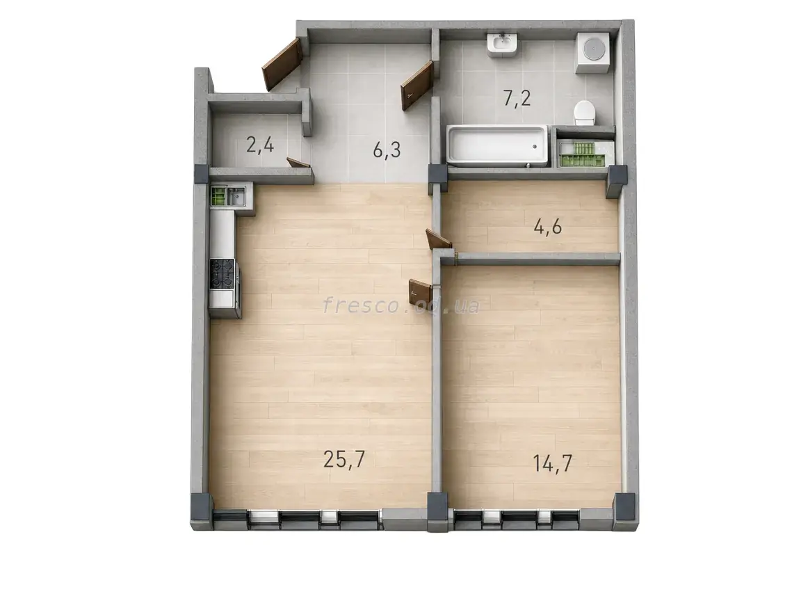 One-bedroom · 60.7 m² · Prostranstvo (Rishelievska)