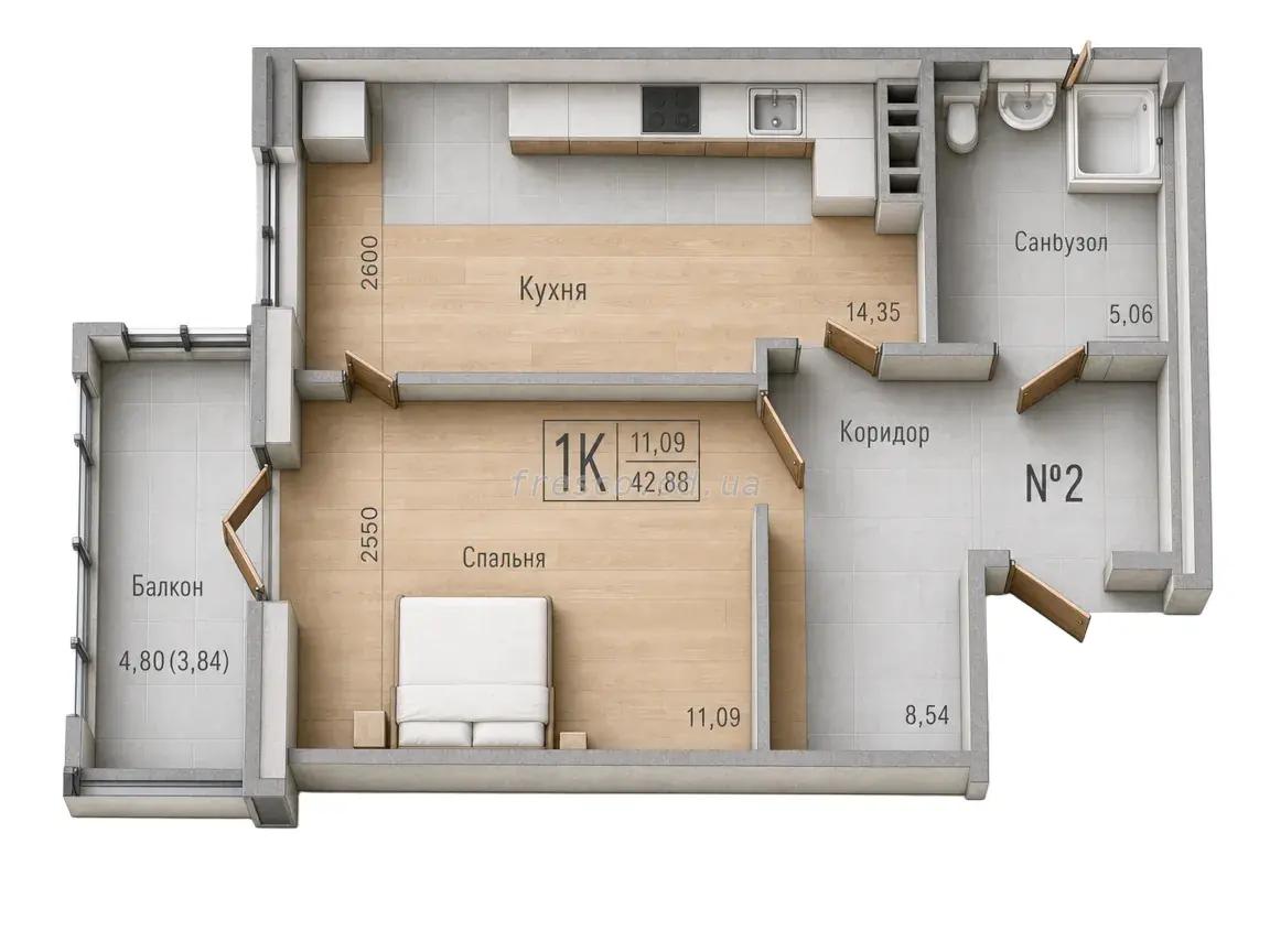 Однокімнатна квартира · 43.5 м² · ЖК Акварель 7