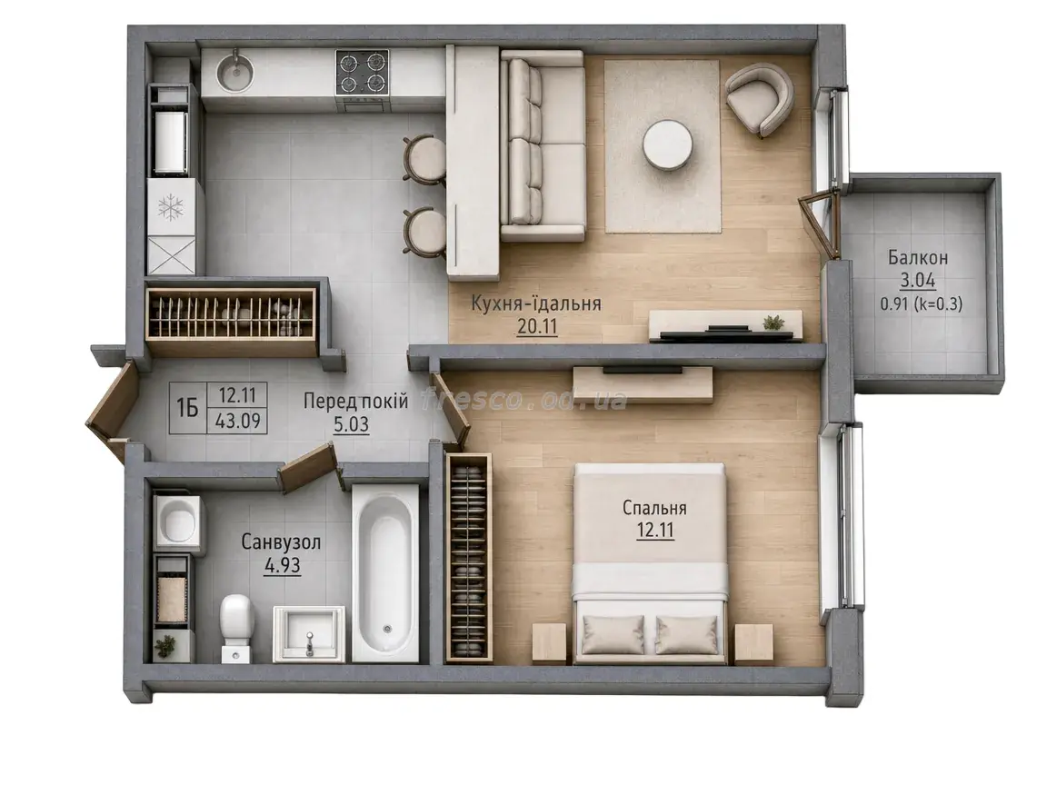 Однокімнатна квартира · 43.0 м² · ЖК Скай Сіті