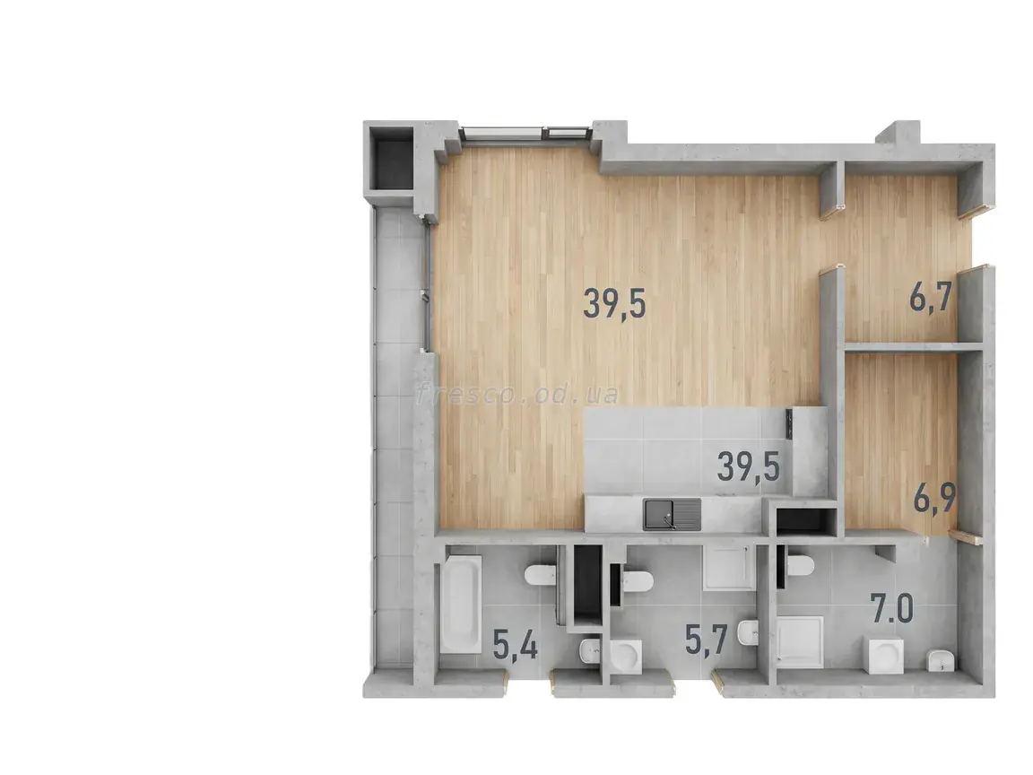 One-bedroom · 59.2 m² · Prostranstvo (Rishelievska)