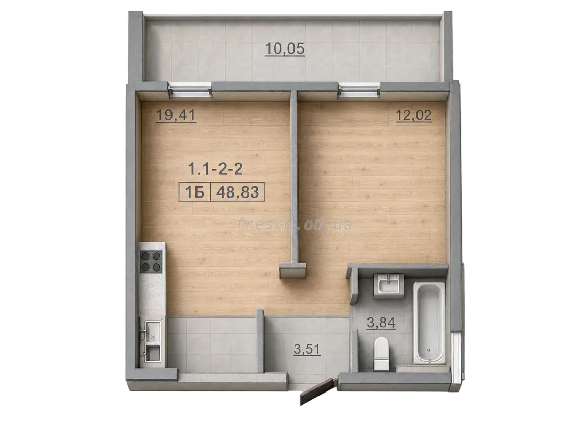 One-bedroom · 48.83 m² · 69 Pearl