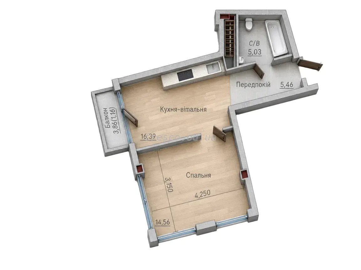 1-room apartments · 40.93 m² · ITown