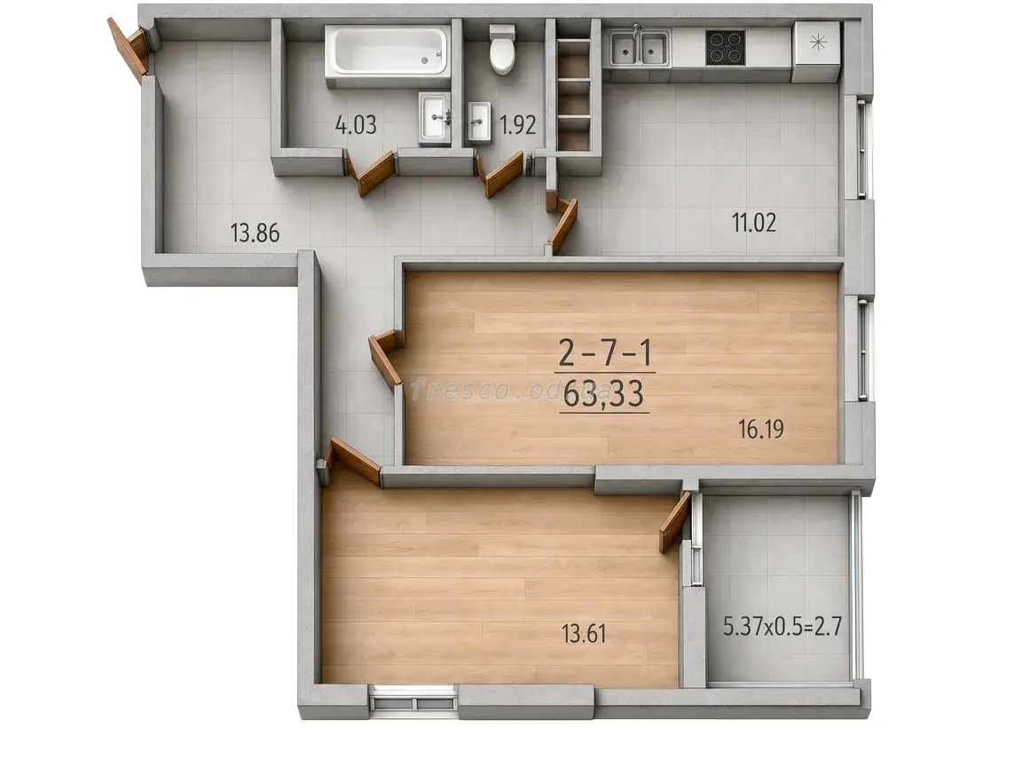 Two-bedroom · 63.0 m² · 68 Pearl