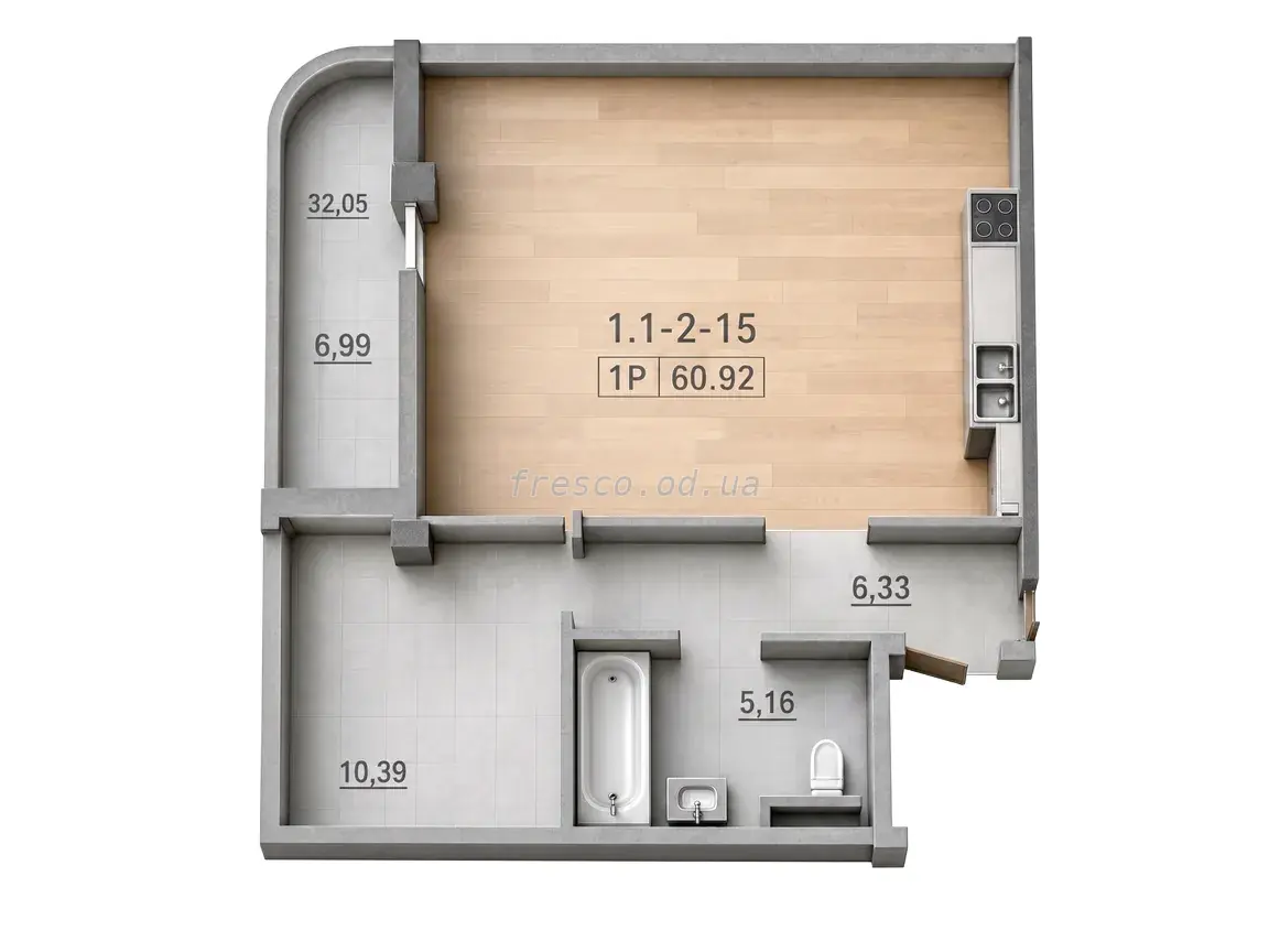 Two-bedroom · 60.92 m² · 69 Pearl