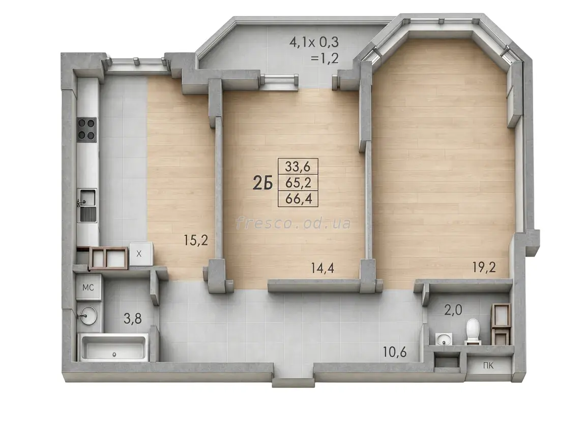 Two-bedroom · 66.4 m² · RealPark