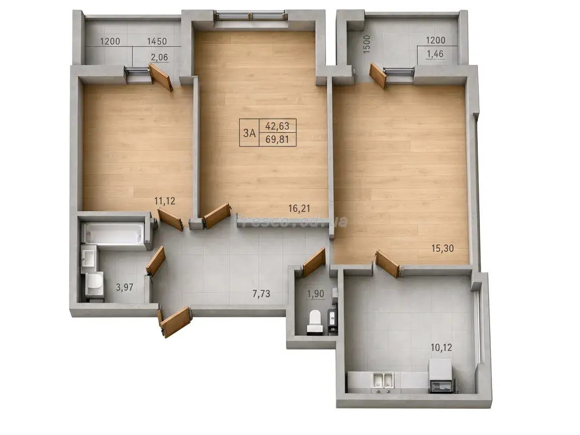 Three-bedroom · 69.87 m² · City Park