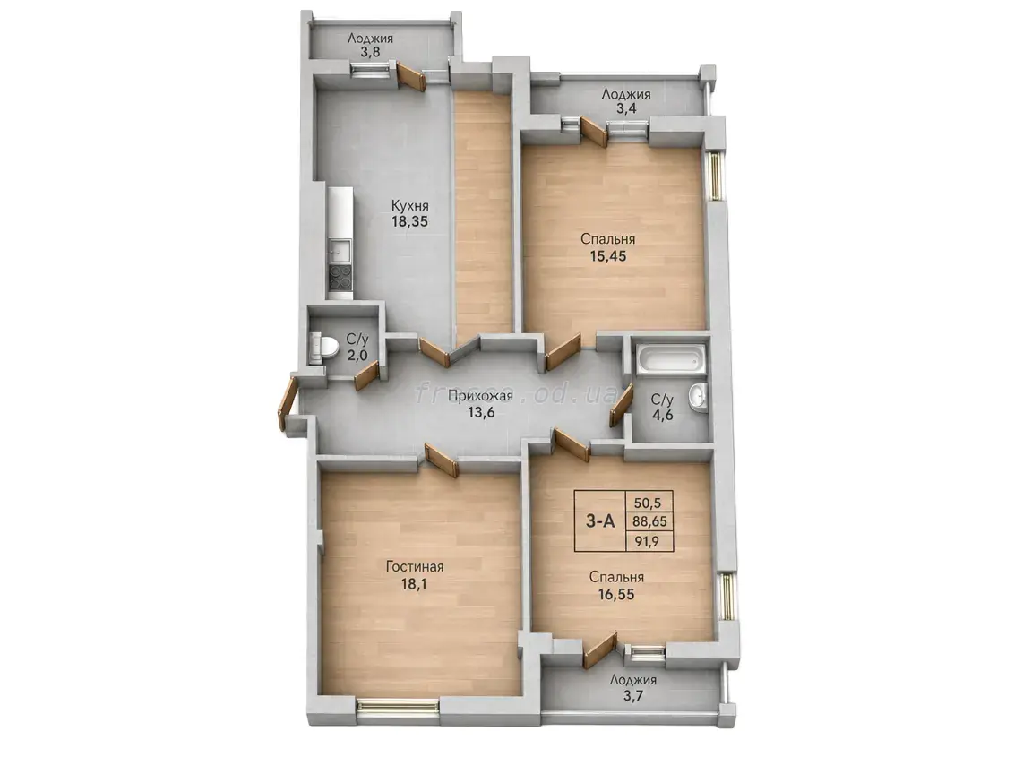 Трьохкімнатна · 91.7 м² · ЖК Парк Совіньон