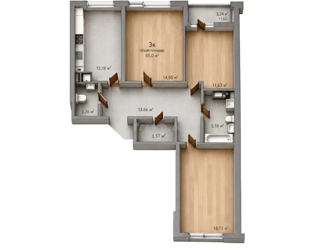 3-room apartment · 85.0 m² · Odessa Traditions on Glushko