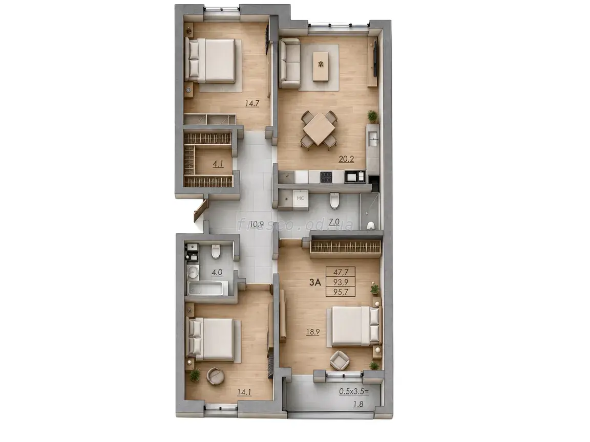 Three-bedroom · 95.7 m² · RealPark