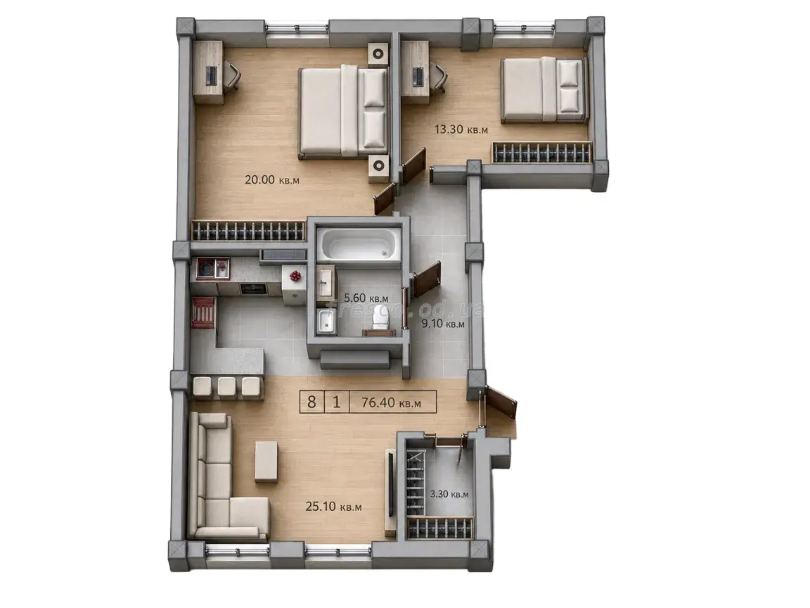 Two-bedroom · 76.4 m² · Little Marseille 2
