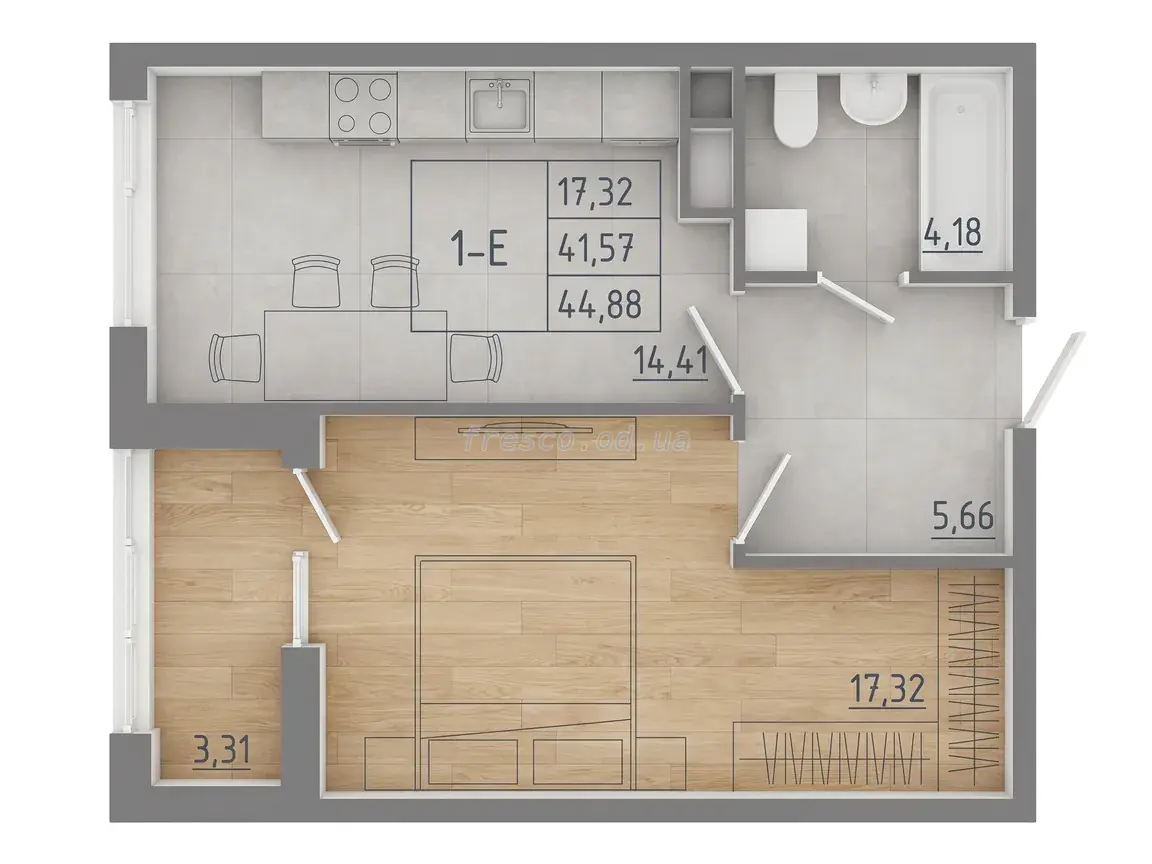 1-room apartment · 43.47 m² · Modern
