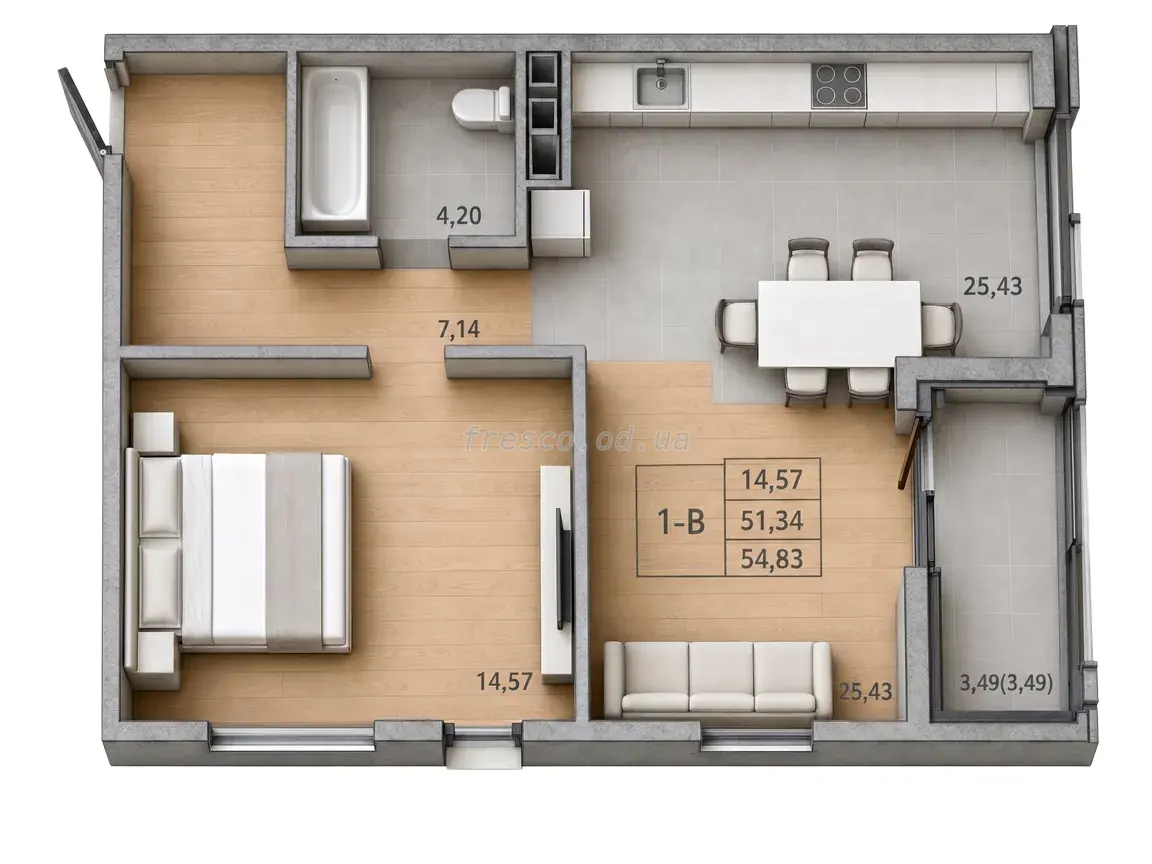 Однокімнатна квартира · 53.09 м² · ЖК Модерн