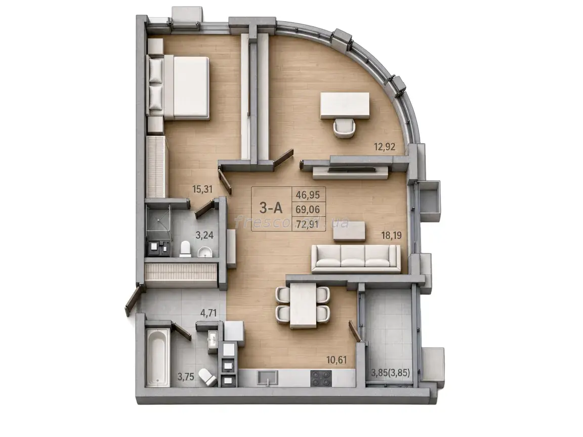 Трикімнатна квартира · 73.2 м² · ЖК Модерн