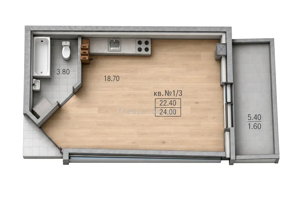 1-room apartment · 46.4 m² · on Stepova