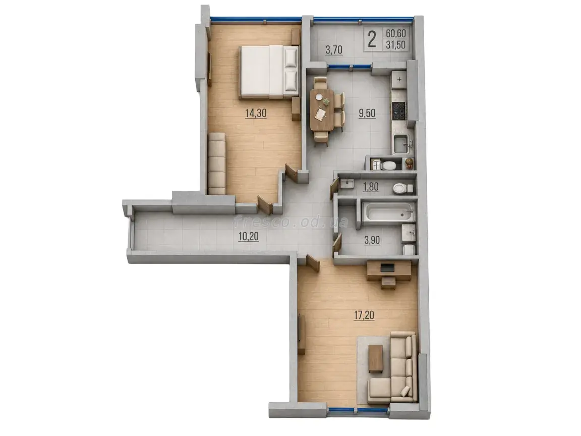 Двокімнатна квартира · 61.1 м² · ЖК Бульвар Акацій