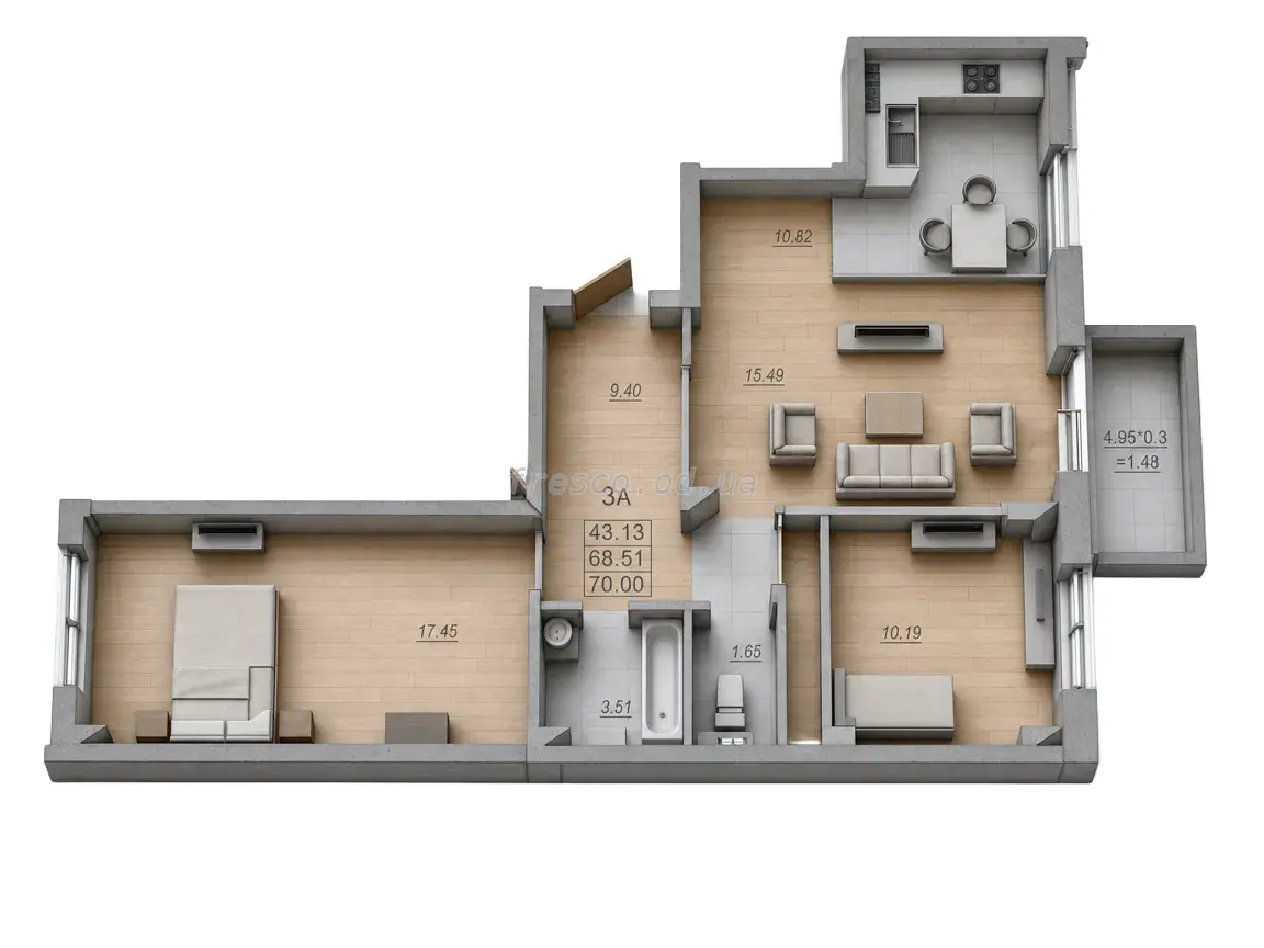 Трьохкімнатна · 70.0 м² · ЖК Меридіан