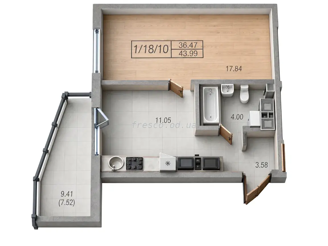 One-bedroom · 43.99 m² · Udobny
