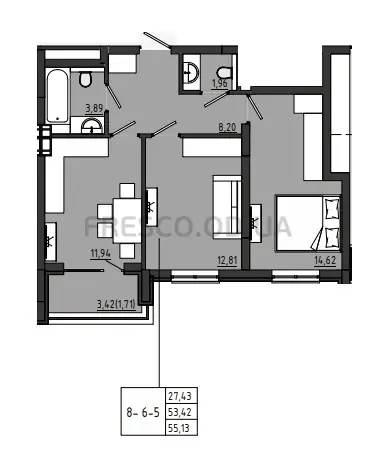 Двокімнатна квартира · 55.13 м² · ЖК Сади Рів'єри