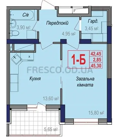 Однокімнатна квартира · 45.3 м² · ЖК Аврора