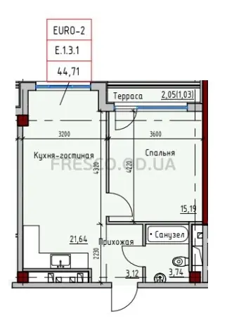 Однокімнатні апартаменти · 45.0 м² · ITown