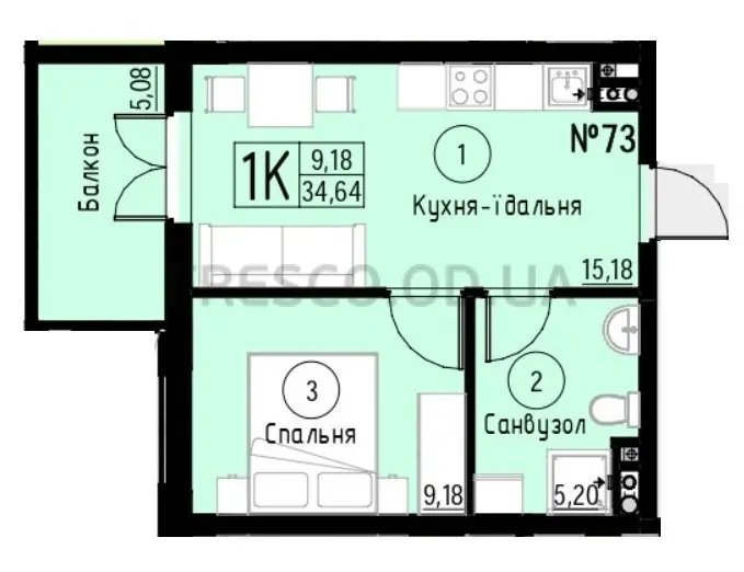 1-room apartment · 34.64 m² · Aquarelle 7