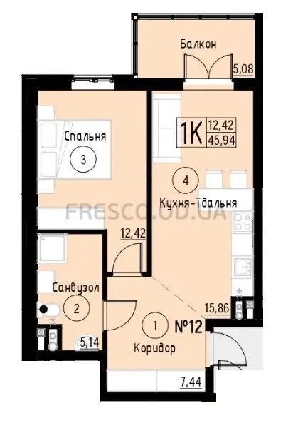Однокімнатна квартира · 45.94 м² · ЖК Акварель 7