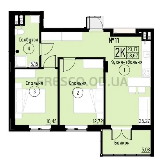2-room apartment · 58.67 m² · Aquarelle 7