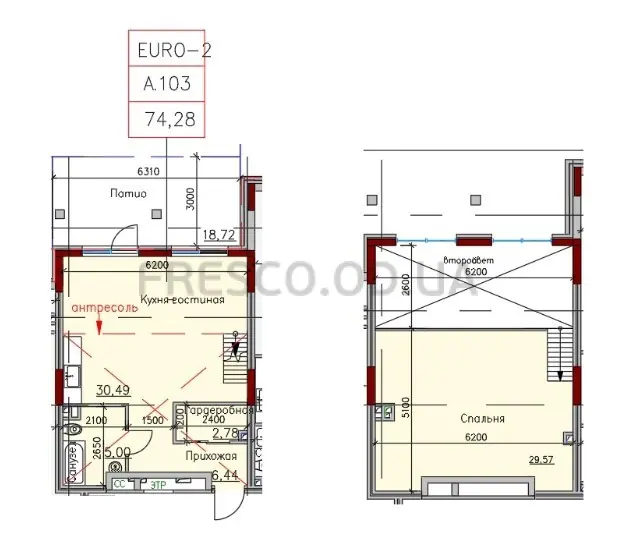 Однокімнатні апартаменти · 75.1 м² · Пространство на Дачній