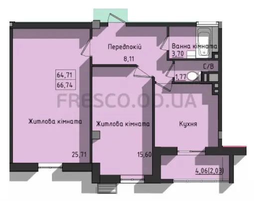Двокімнатна квартира · 68.5 м² · ЖК Сокіл