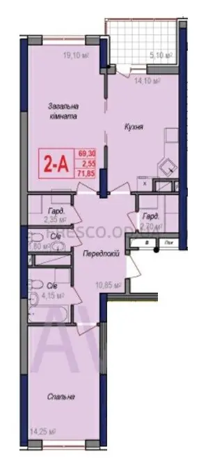 Двокімнатна квартира · 71.85 м² · ЖК Аврора