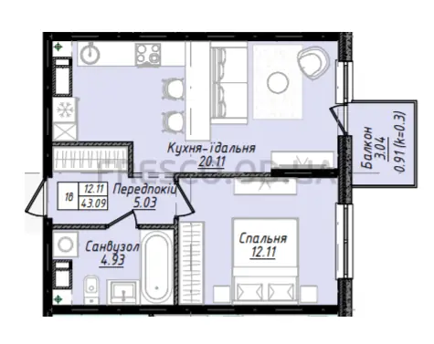 Однокімнатна квартира · 43.0 м² · ЖК Скай Сіті