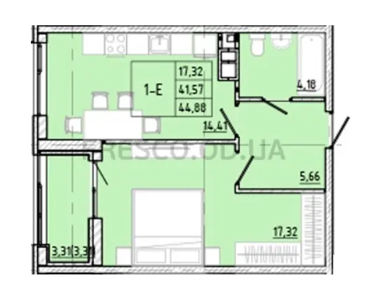 1-room apartment · 43.47 m² · Modern