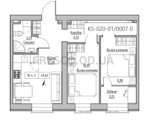 2-room apartment · 49.62 m² · Keks