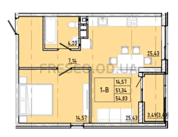 Однокімнатна квартира · 53.09 м² · ЖК Модерн
