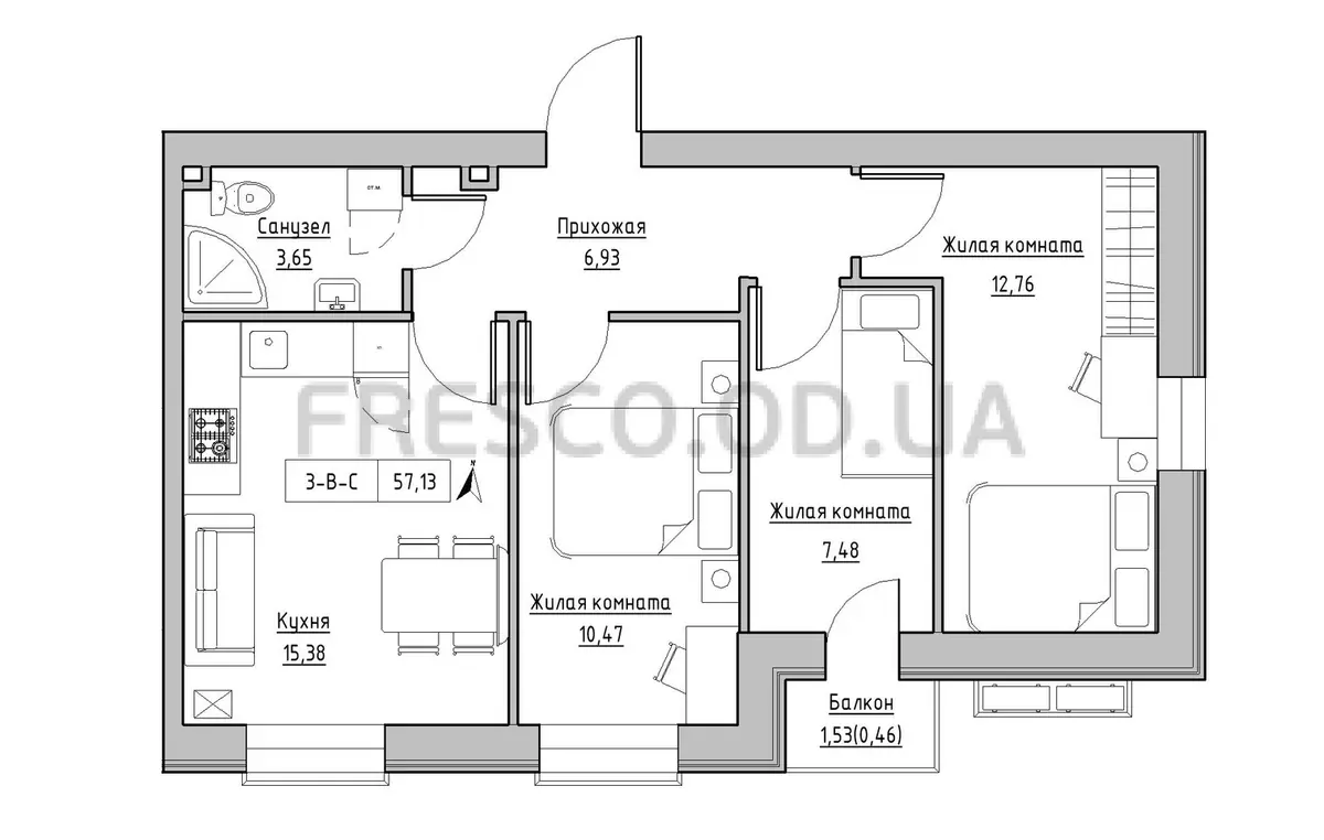 3-room apartment · 57.13 m² · Keks