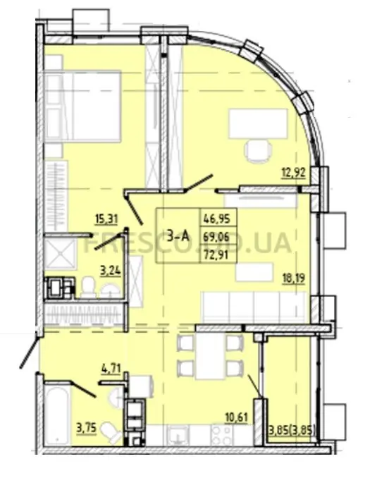 Трикімнатна квартира · 73.2 м² · ЖК Модерн