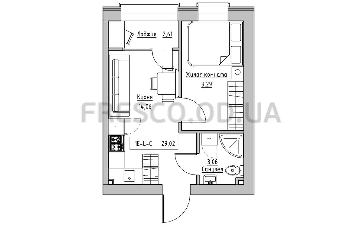 1-room apartment · 29.02 m² · Keks