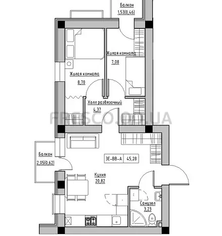 Двокімнатна квартира · 45.28 м² · ЖК Кекс (Keks)