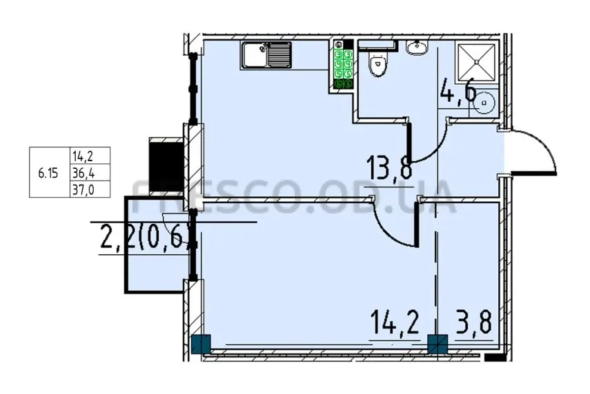 1-room apartment · 36.5 m² · Prostranstvo (Rishelievska)