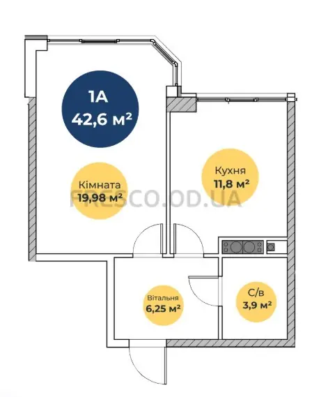 1-room apartment · 42.6 m² · Novaya Evropa