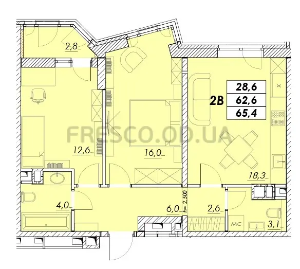 Двокімнатна · 65.4 м² · ЖК Прохоровський квартал