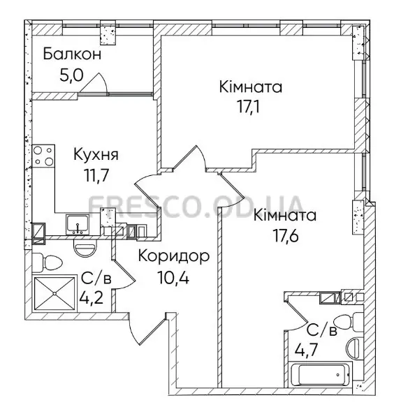 Двокімнатна квартира · 70.1 м² · ЖК Грінвіч Парк