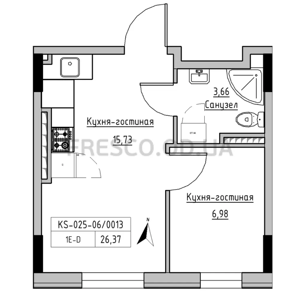 1-room apartment · 26.37 m² · Keks