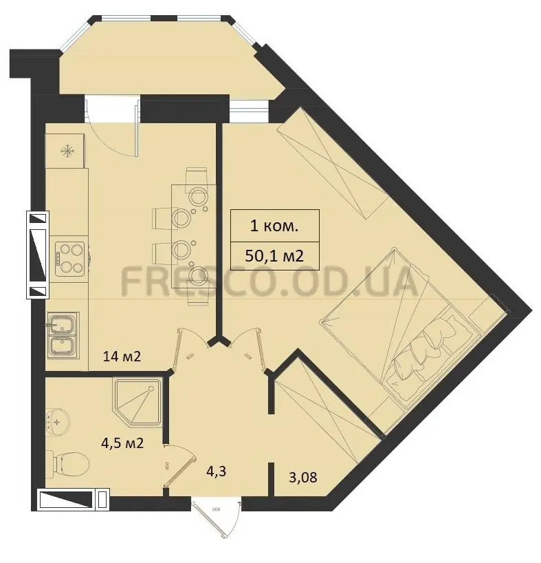 1-room apartments · 49.0 m² · Avinion