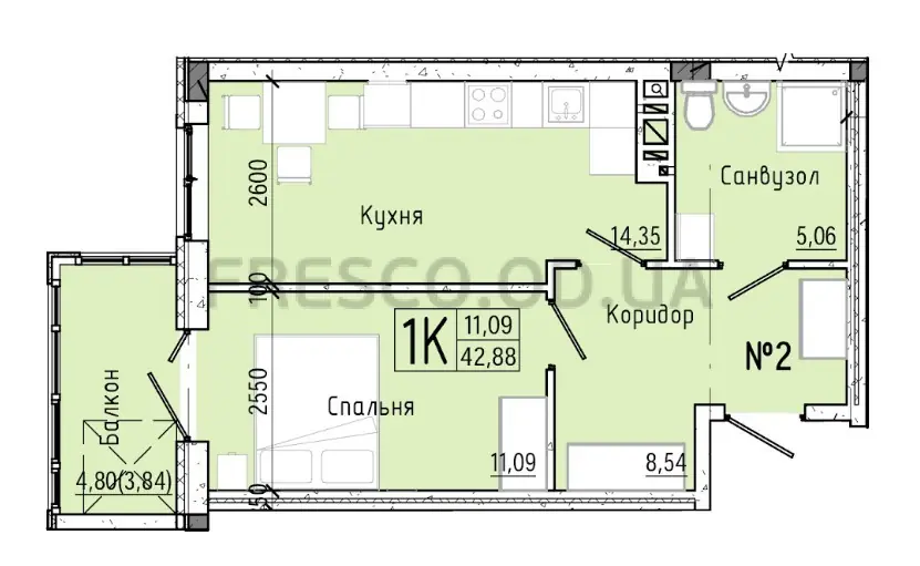 Однокімнатна квартира · 43.5 м² · ЖК Акварель 7