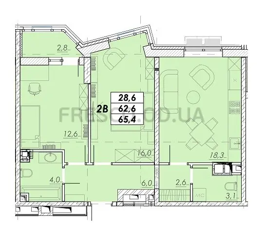 Двокімнатна квартира · 65.4 м² · ЖК Прохоровський квартал
