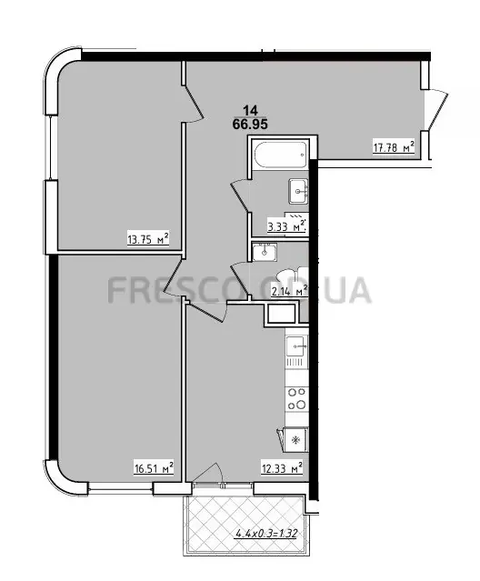 Двокімнатна · 66.83 м² · ЖК 70 Перлина
